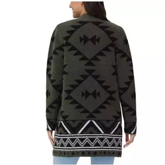 FRYE Womens S The Cozy Aztec Jacquard Luxe Open Front Cardigan Green Burnt Olive - Picture 4 of 7